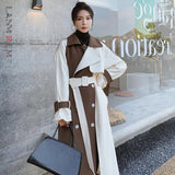 Women Color Block Trench Coat Double Breasted