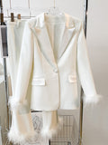 Cecilia Single Button  Feather Embellished Blazer Pants Suit