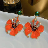 Sidonie Orange Enamel Flowers Drop Earrings